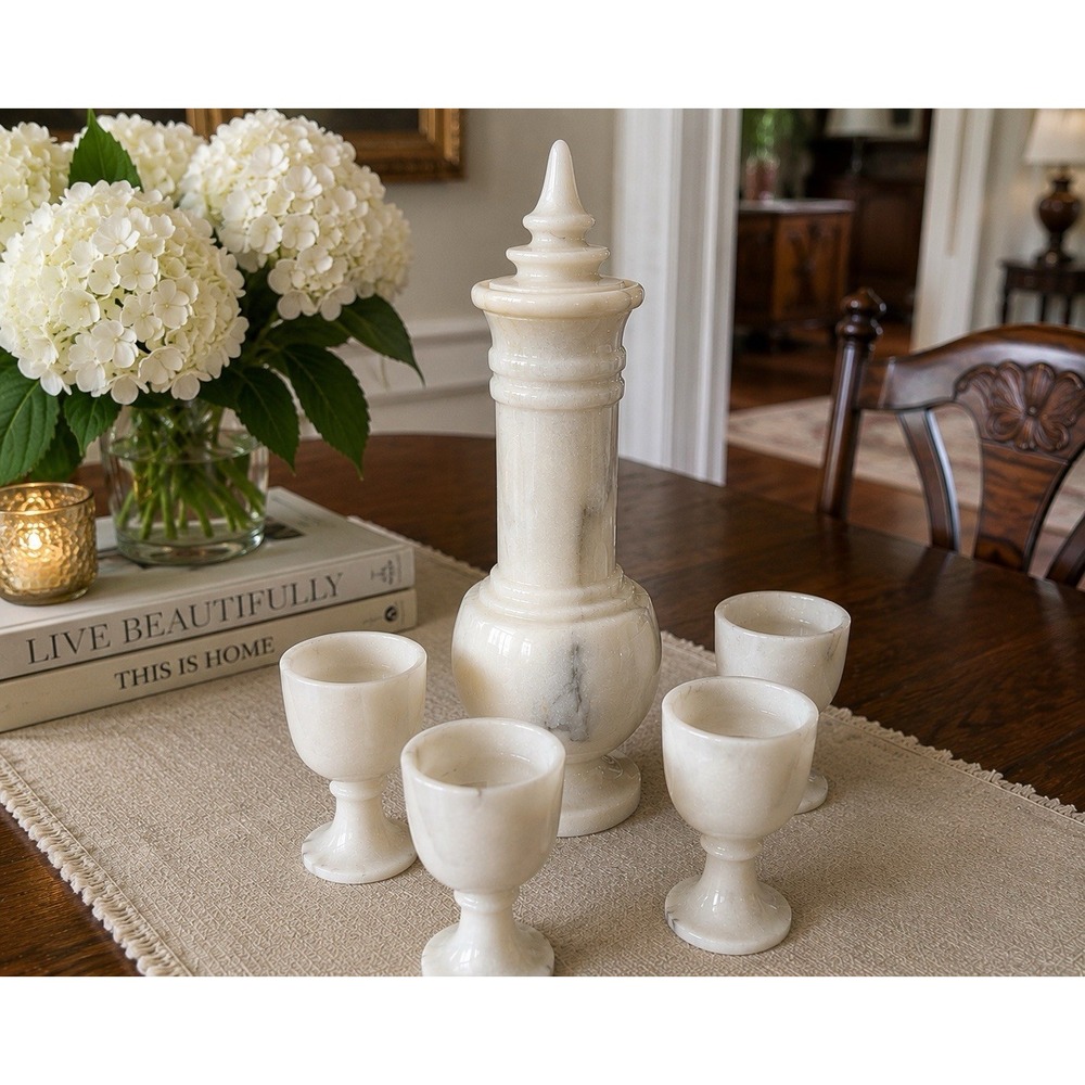 Vintage Italian Alabaster/Marble Decanter 4 Goblet Barware Set Mid Century
